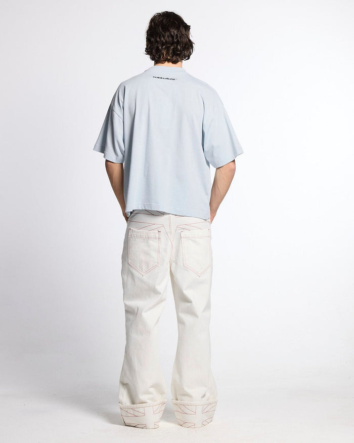 BULLDOG TEE LIGHT BLUE - light blue bulldog print tee, back view on male model - Cold Culture