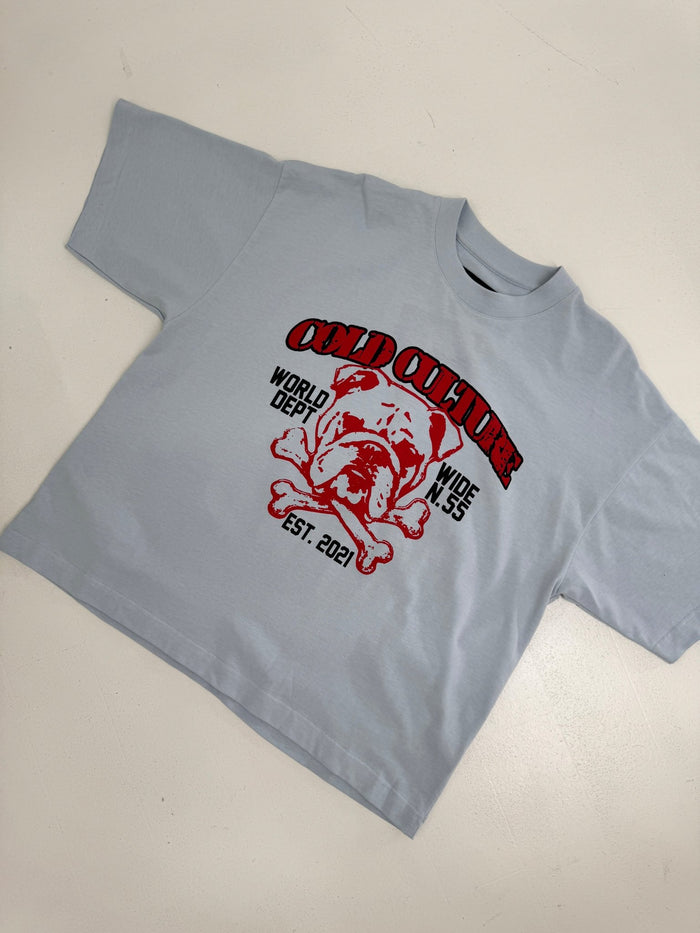 BULLDOG TEE LIGHT BLUE - light blue bulldog print tee, flat lay - Cold Culture