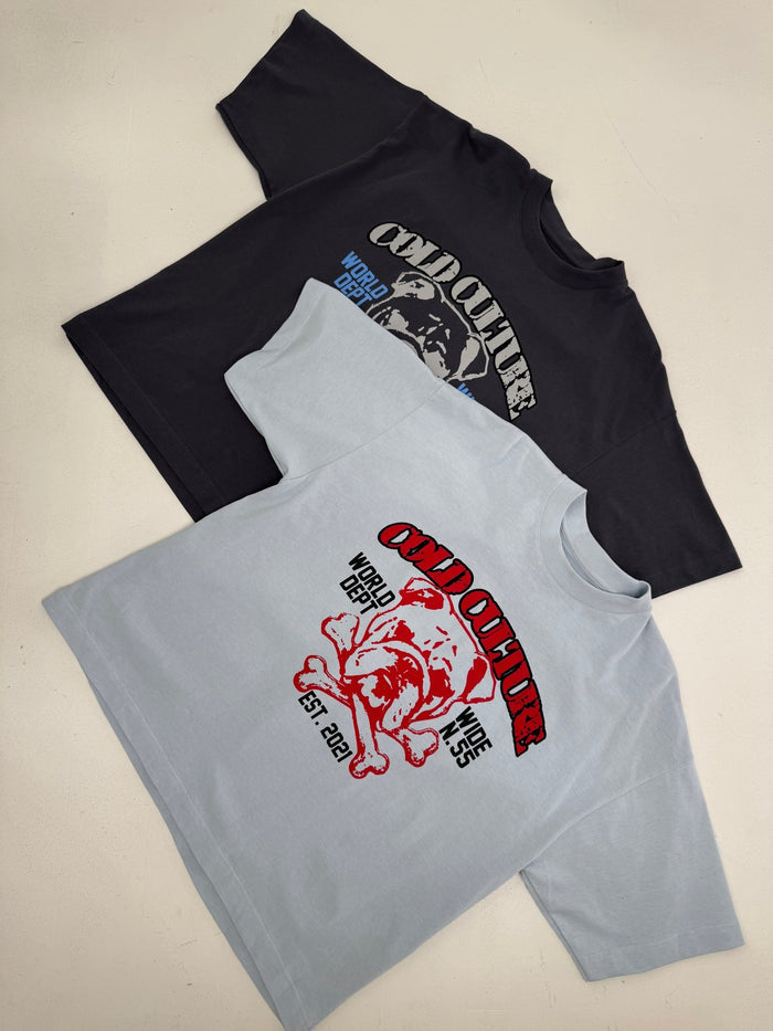 BULLDOG TEE LIGHT BLUE - light blue bulldog print tee, flat lay with matching pieces - Cold Culture