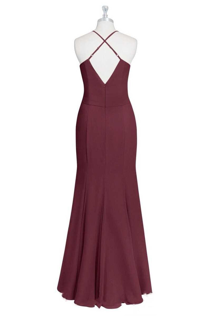 Burgundy Halter Spaghetti Straps Mermaid Long Bridesmaid Dress