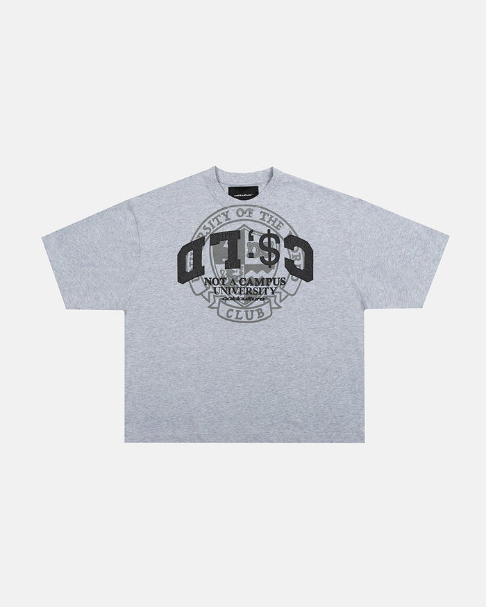 CAMPUS TEE HEATHER GREY - heather grey graphic print tee, front view - Cold Culture