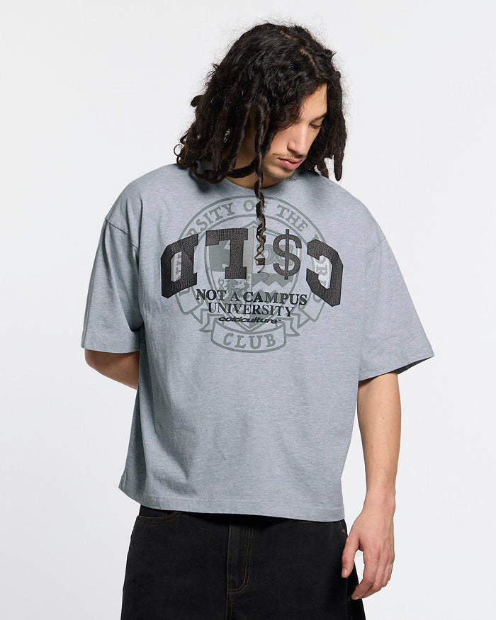 CAMPUS TEE HEATHER GREY - heather grey graphic print tee, front view on male model - Cold Culture