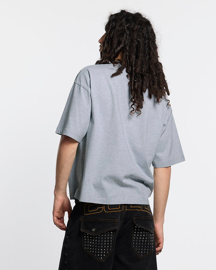 CAMPUS TEE HEATHER GREY - heather grey graphic print tee, back view on male model - Cold Culture