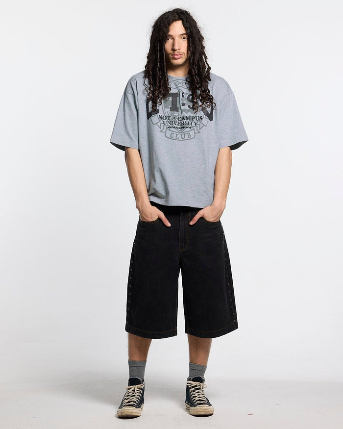 CAMPUS TEE HEATHER GREY - heather grey graphic print tee, front view on male model - Cold Culture