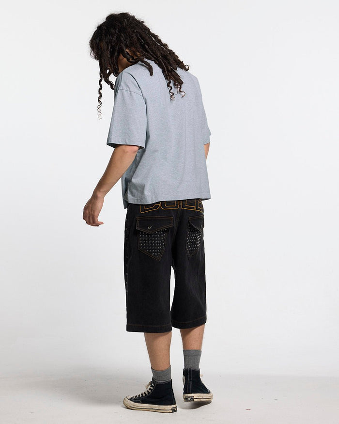 CAMPUS TEE HEATHER GREY - heather grey graphic print tee, back view on male model - Cold Culture