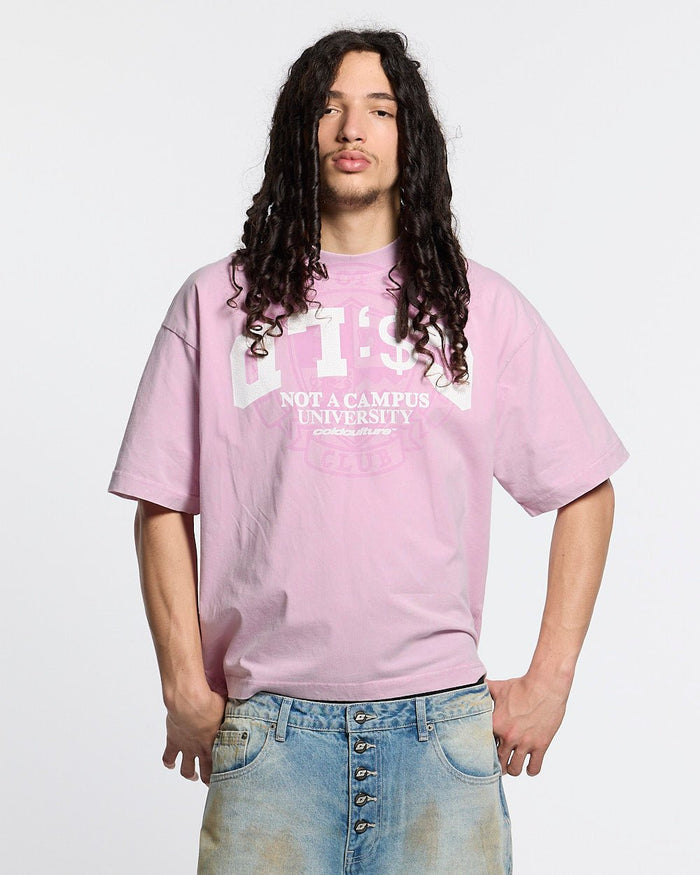 CAMPUS TEE PINK - pink graphic print tee, front view on male model - Cold Culture
