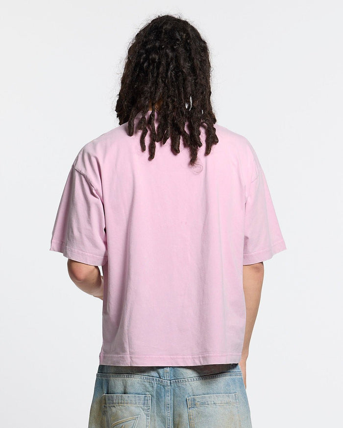 CAMPUS TEE PINK - pink graphic print tee, back view on male model - Cold Culture