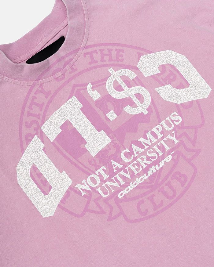 CAMPUS TEE PINK - pink graphic print tee, detail close-up - Cold Culture