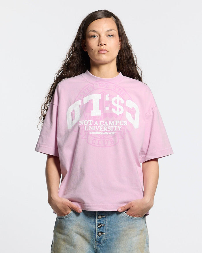 CAMPUS TEE PINK - pink graphic print tee, front view on female model - Cold Culture #woman