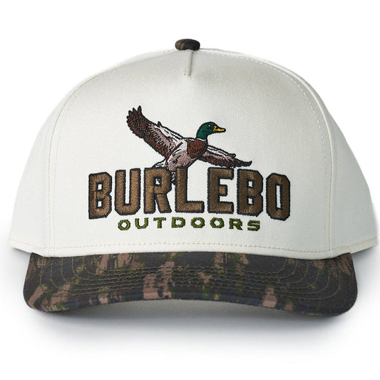 White cap with camouflage brim and Burlebo Outdoors logo on a white background