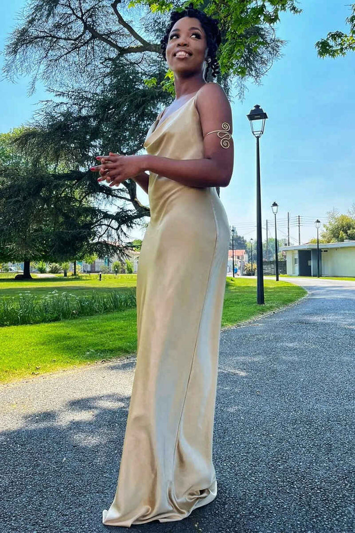 Champagne Satin Cowl Neck Long Bridesmaid Dress