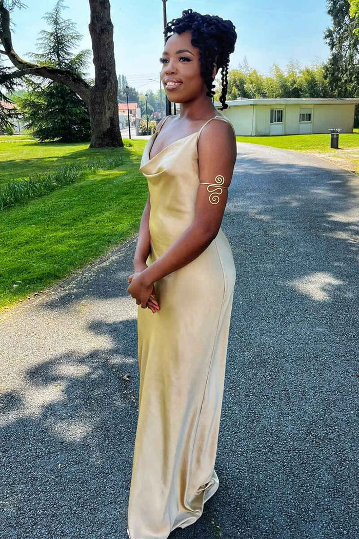 Champagne Satin Cowl Neck Long Bridesmaid Dress