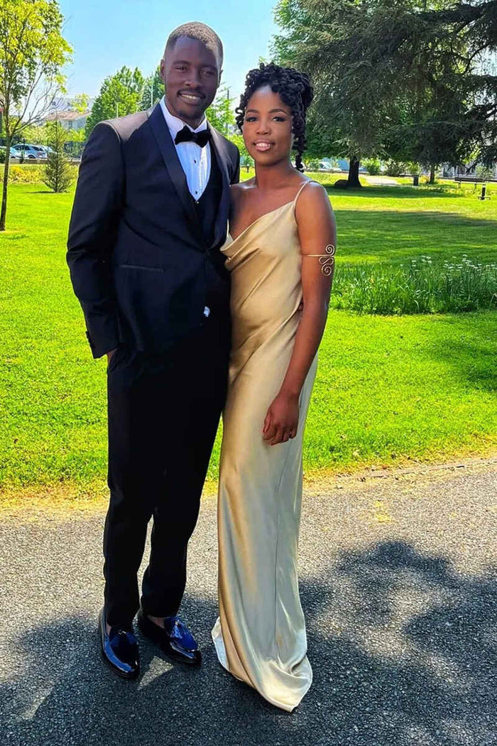 Champagne Satin Cowl Neck Long Bridesmaid Dress