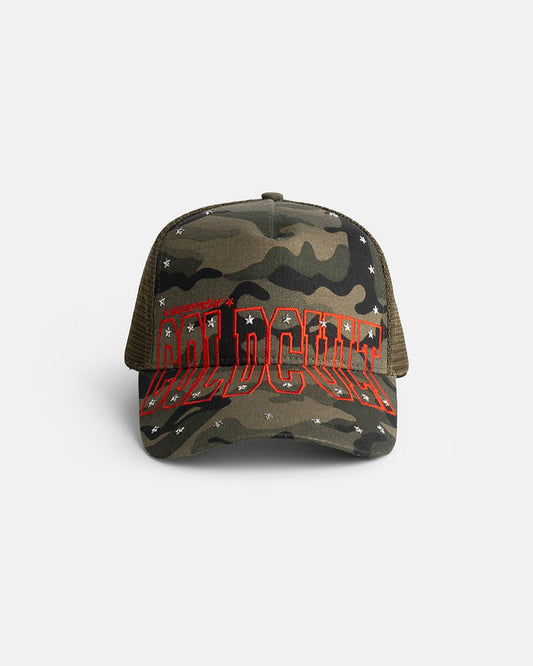 COLDCULT CAP GREEN - green camo trucker cap, front view - Cold Culture