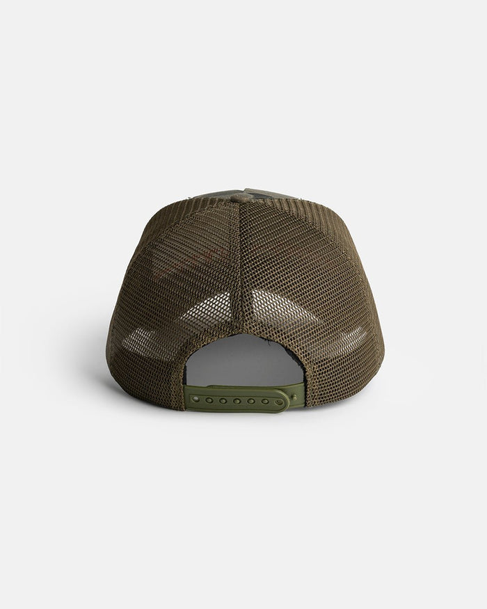 COLDCULT CAP GREEN - green camo trucker cap, back view - Cold Culture