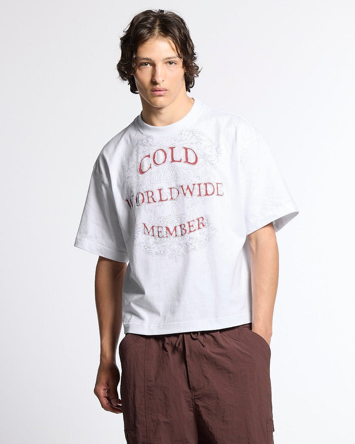 COLLECTIVE TEE WHITE - white graphic print tee, front view on male model - Cold Culture
