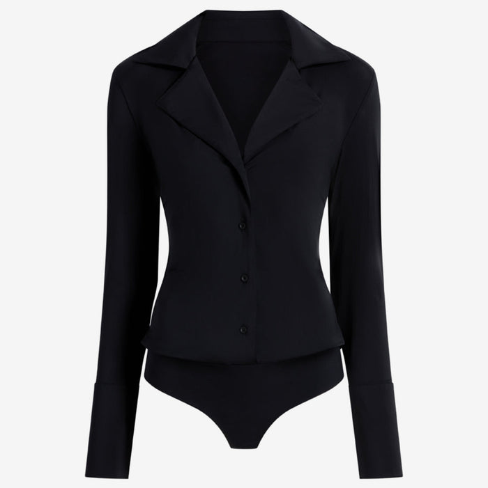 Black bodysuit with long sleeves on a white background | Still