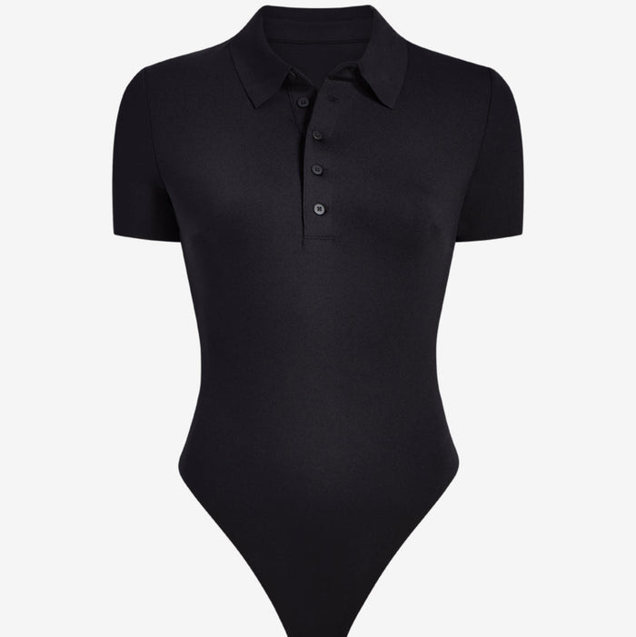Black bodysuit with short sleeves and a collar on a white background | Still | Exclude