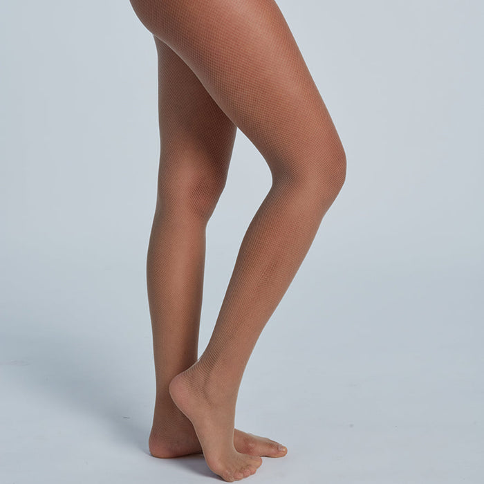 Beige sheer stockings being worn on a plain background