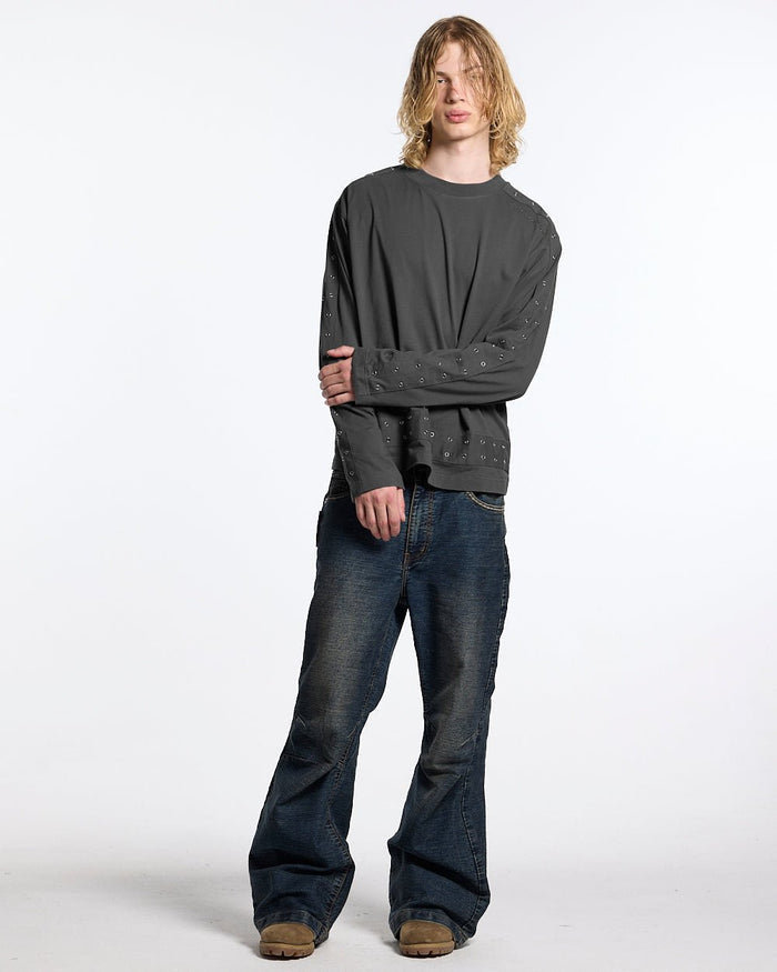 CONCRETE BOOTCUT JEANS BLUE - washed blue bootcut jeans, front view on male model - Cold Culture #man