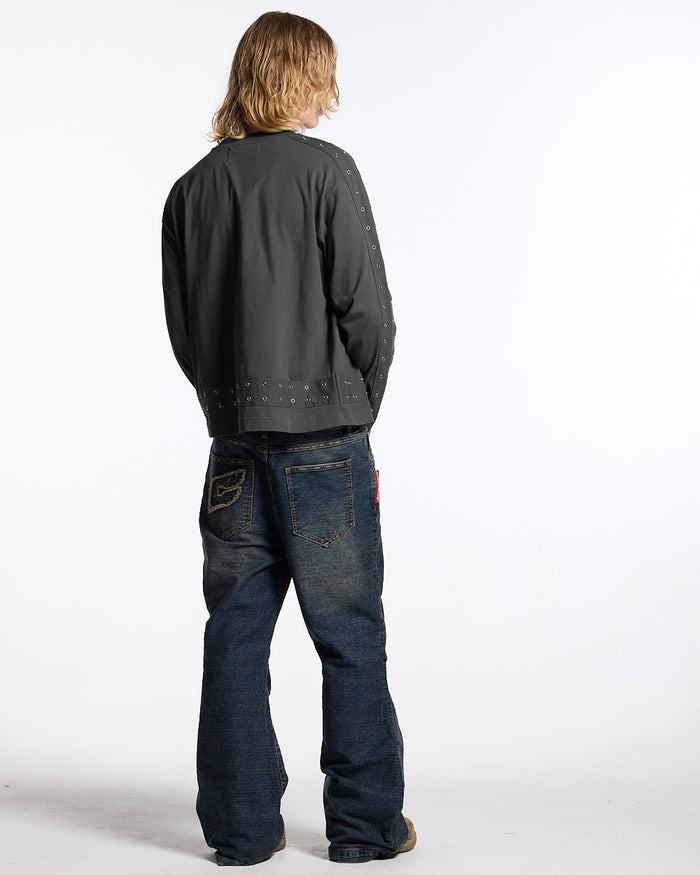 CONCRETE BOOTCUT JEANS BLUE - washed blue bootcut jeans, back view on male model - Cold Culture #man