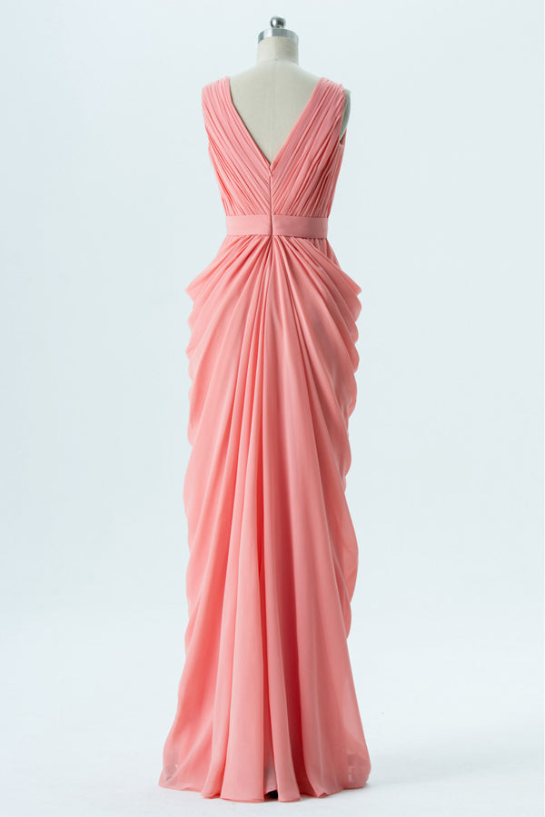 Coral Pink Wrap Banded Waist Bridesmaid Dress