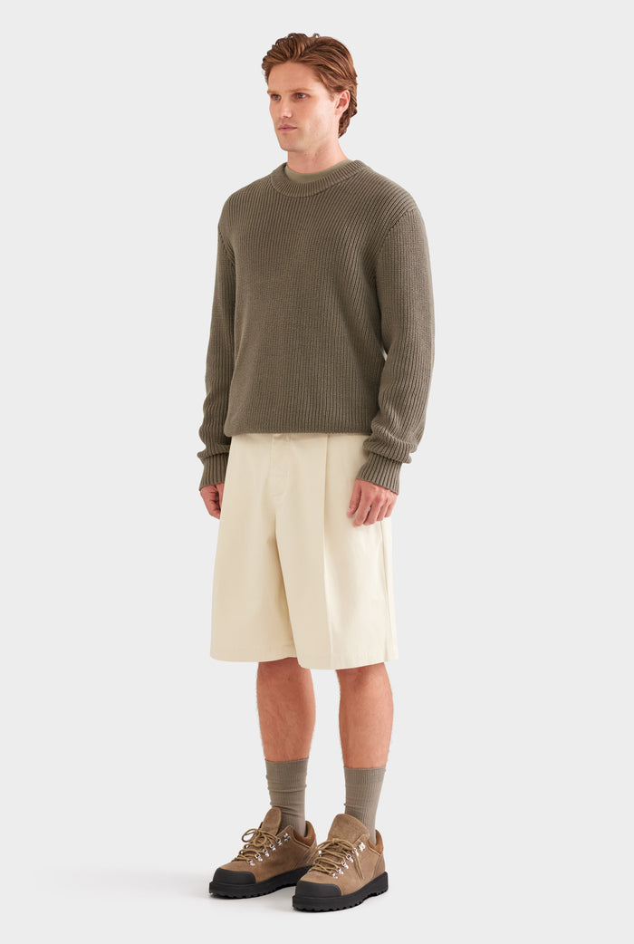 Cotton Canvas Pleated Bermuda Short - Cream