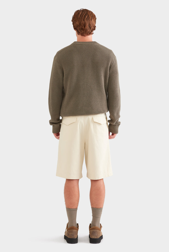 Cotton Canvas Pleated Bermuda Short - Cream
