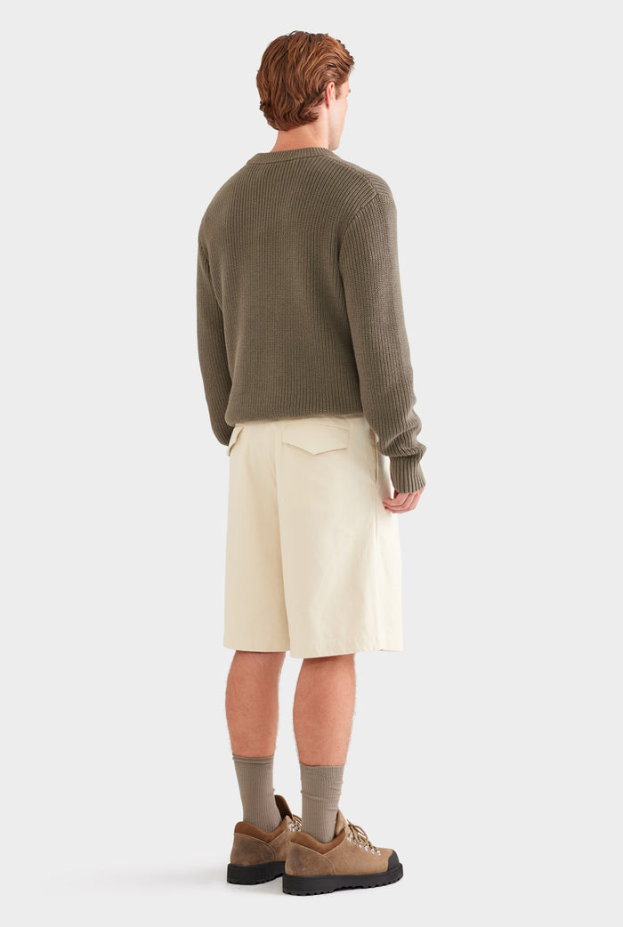 Cotton Canvas Pleated Bermuda Short - Cream