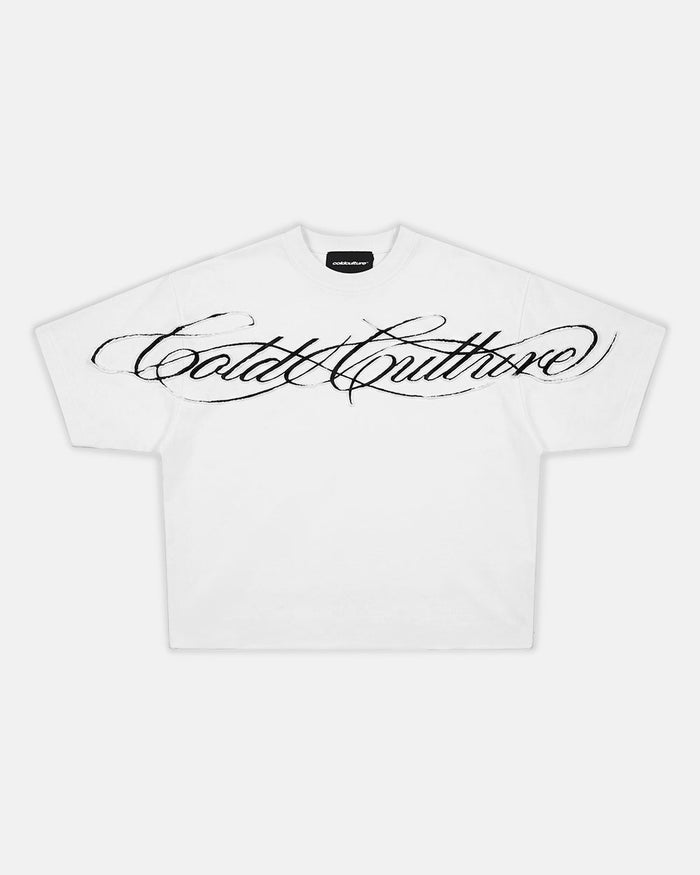 CROSSED SCRIPT TEE 2.0 WHITE - white script print tee, front view - Cold Culture