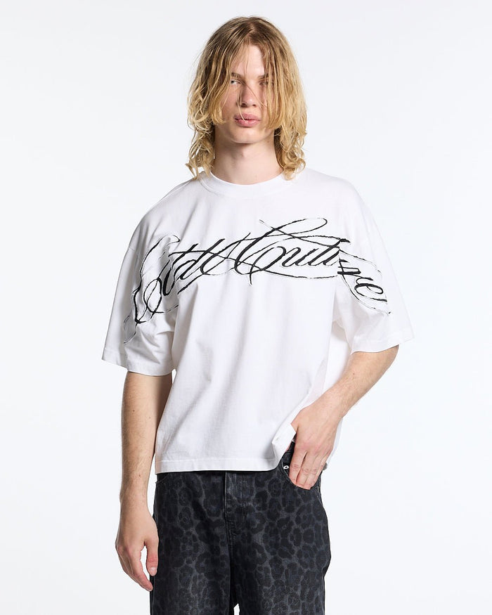 CROSSED SCRIPT TEE 2.0 WHITE - white script print tee, front view on male model - Cold Culture