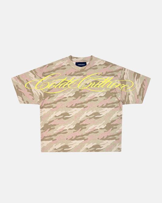 CROSSED SCRIPT TEE CAMO - beige camo tee, flat lay - Cold Culture #woman