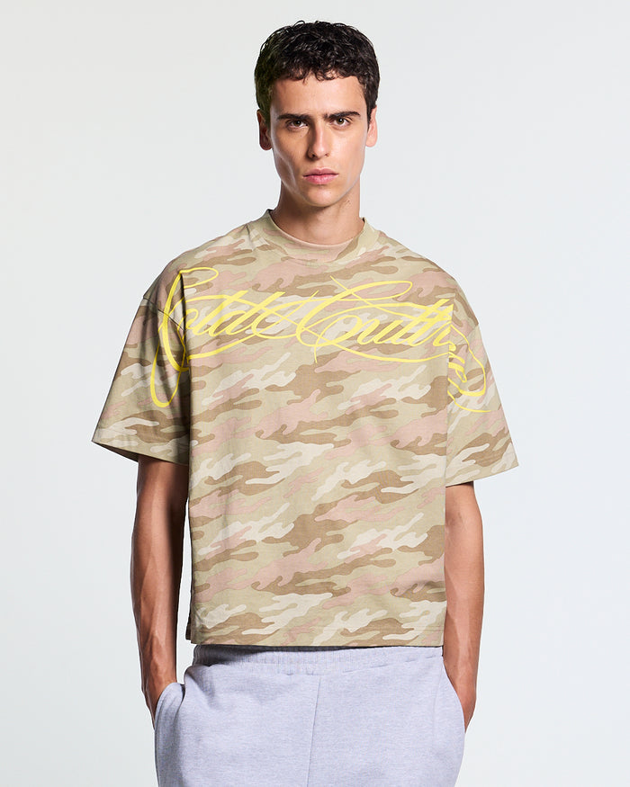 CROSSED SCRIPT TEE CAMO - beige camo tee, front view on male model - Cold Culture