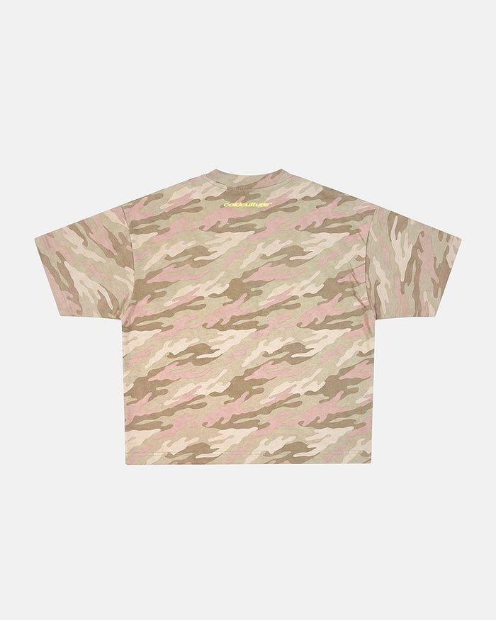 CROSSED SCRIPT TEE CAMO - beige camo tee, flat lay - Cold Culture