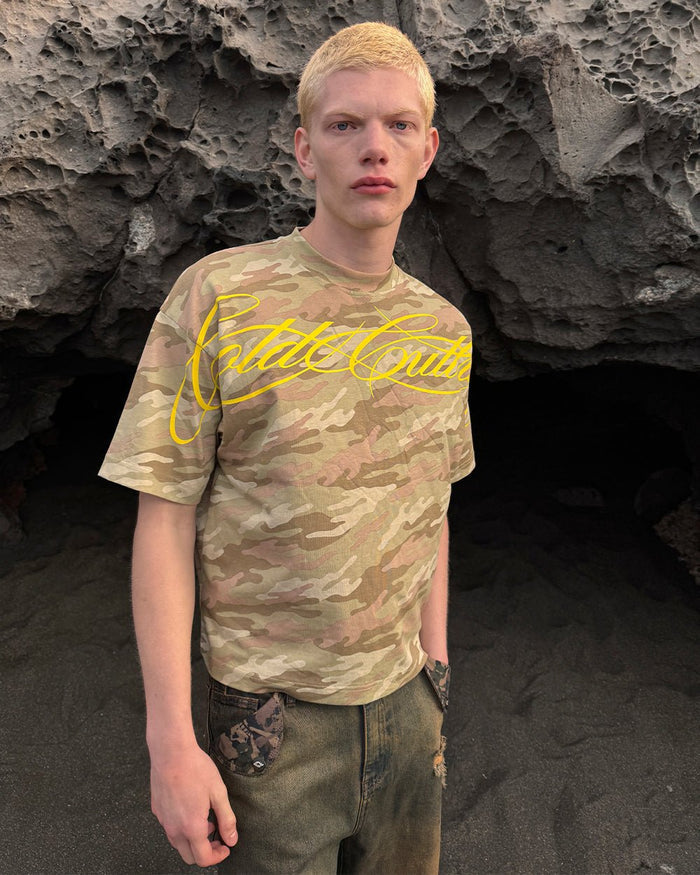 CROSSED SCRIPT TEE CAMO - beige camo tee, street style shot - Cold Culture