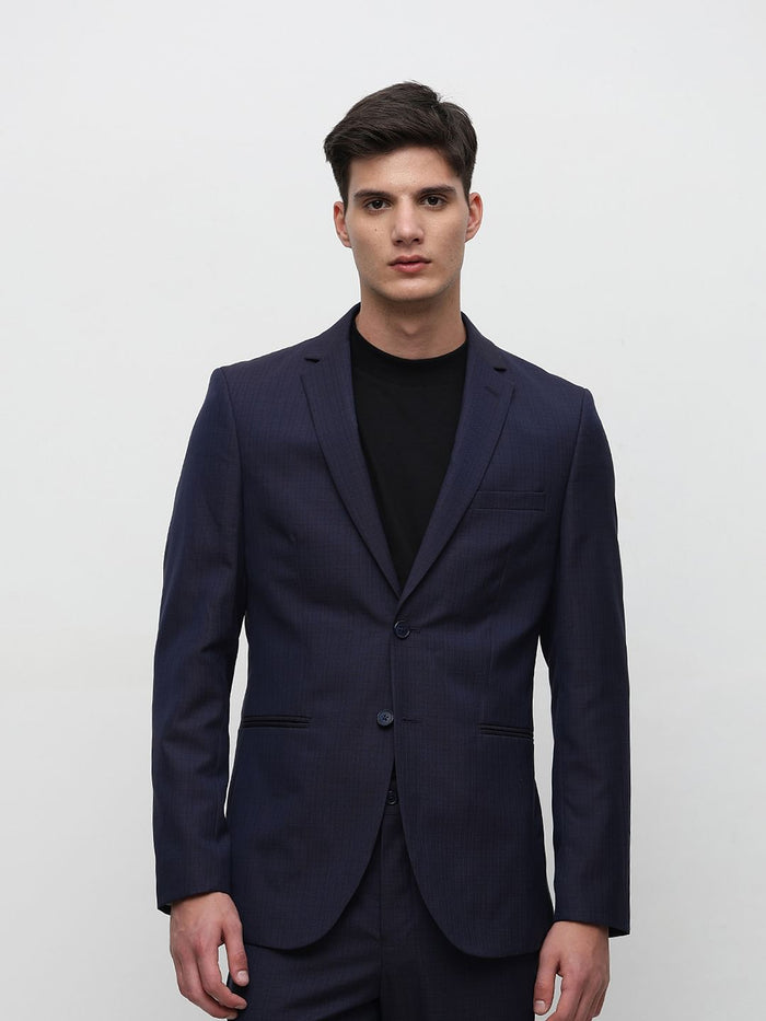 Dark Blue Check Tailored Suit-Set Blazer