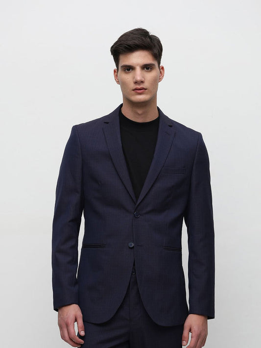 Dark Blue Check Tailored Suit-Set Blazer