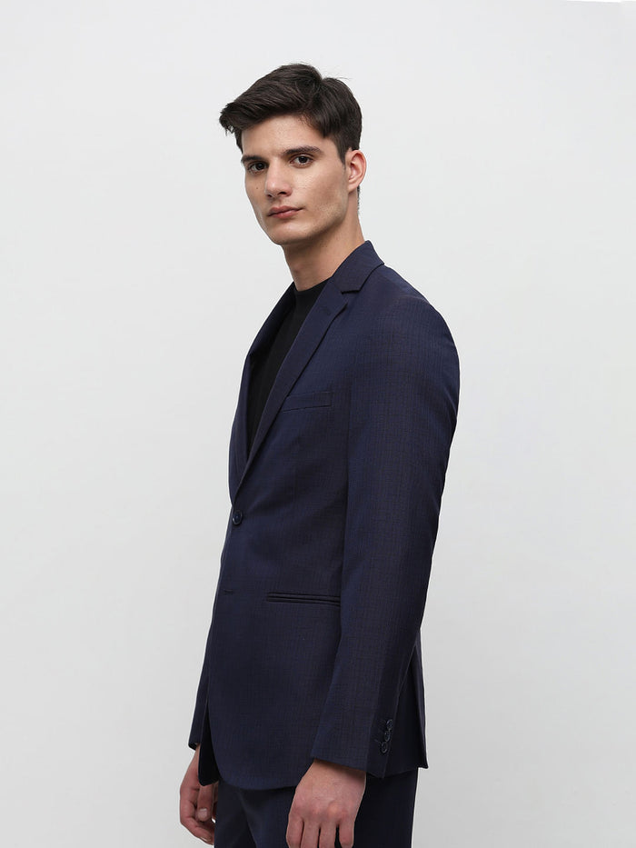 Dark Blue Check Tailored Suit-Set Blazer