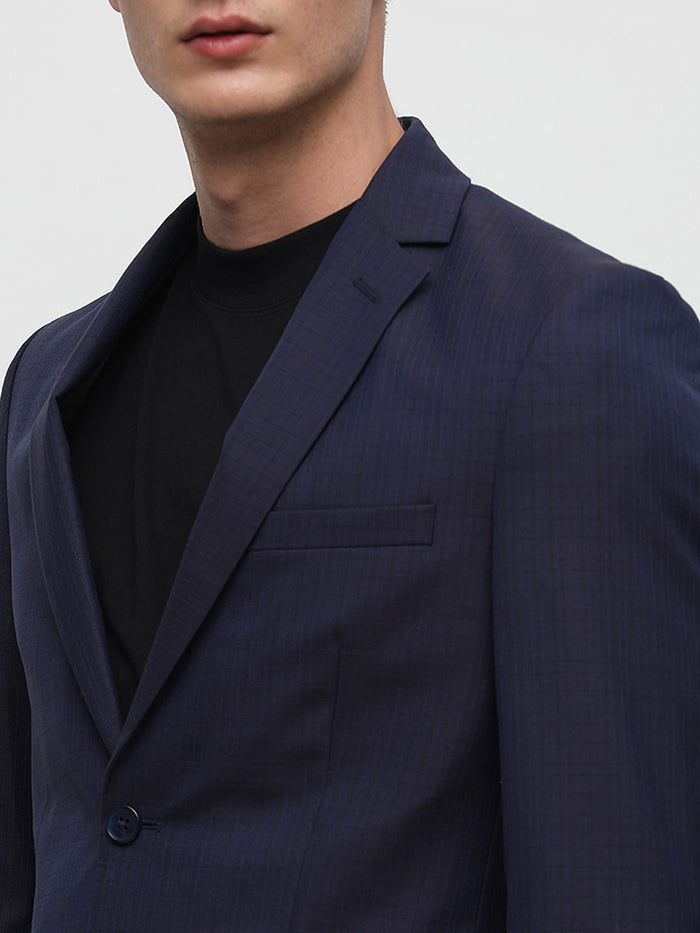 Dark Blue Check Tailored Suit-Set Blazer
