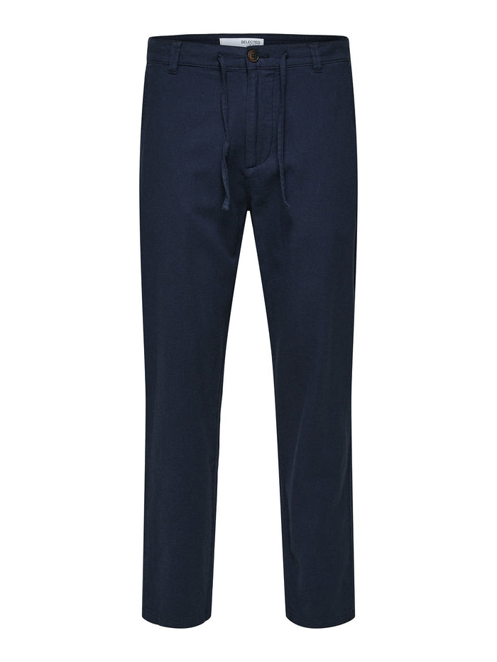 Dark Blue Mid Rise Linen Pants