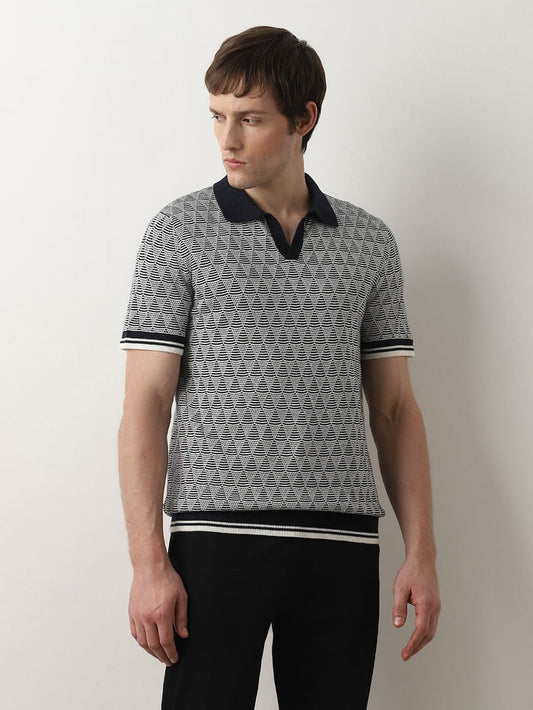 Dark Blue Printed Knit Polo T-shirt