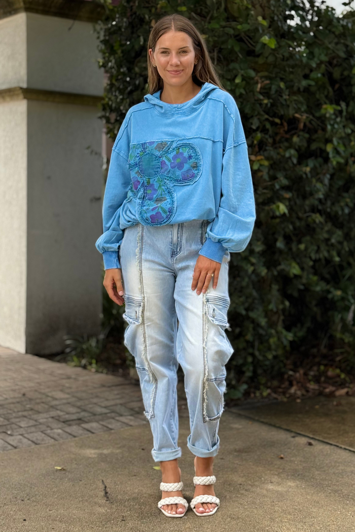 Day Blue Mineral Washed Floral Patch Hoodie
