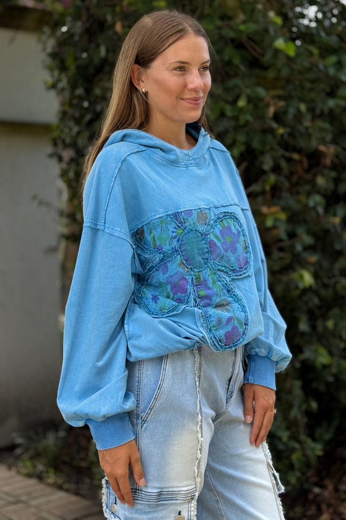 Day Blue Mineral Washed Floral Patch Hoodie