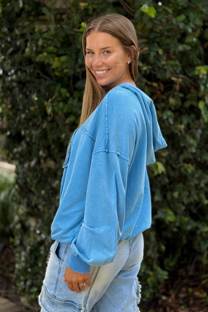 Day Blue Mineral Washed Floral Patch Hoodie
