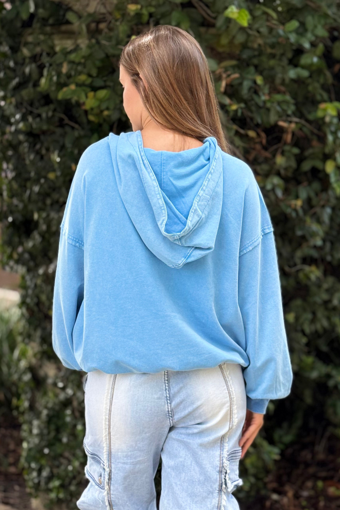 Day Blue Mineral Washed Floral Patch Hoodie