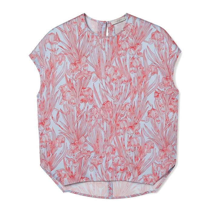 Packshot of a crew neck loose cap sleeve top in a blue and red floral print