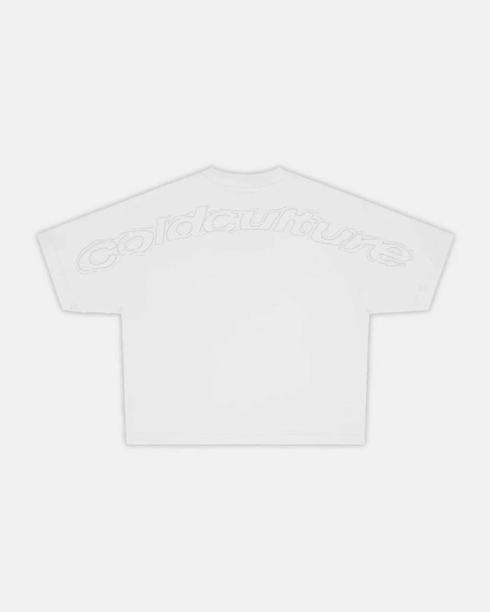 DISTRESS CURVED TEE WHITE - white boxy tee, back view - Cold Culture