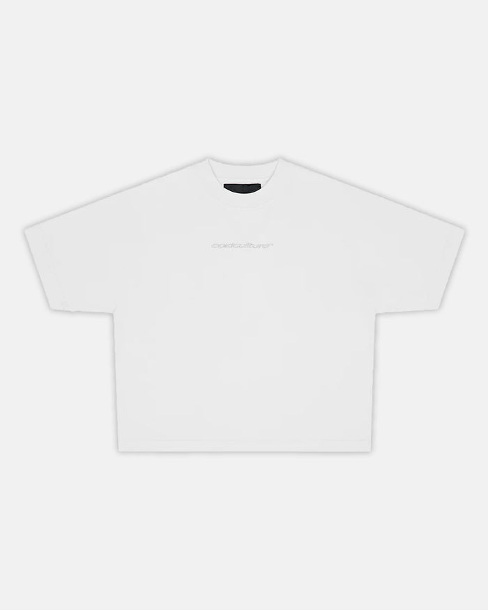 DISTRESS CURVED TEE WHITE - white boxy tee, front view - Cold Culture