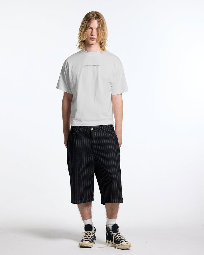 DISTRESS CURVED TEE WHITE - white boxy tee, front view on male model - Cold Culture