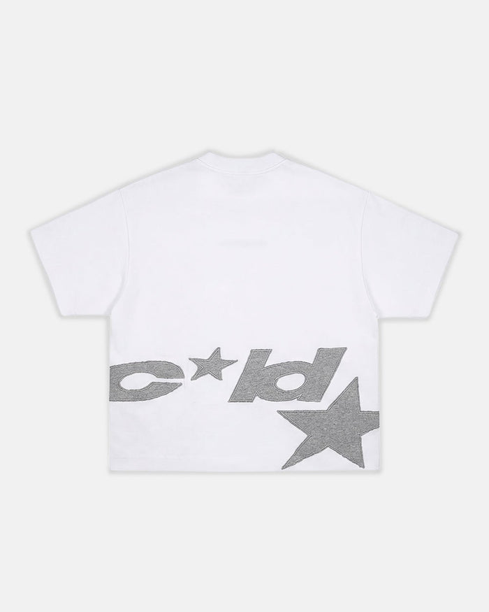 DISTRESS DEFENSE TEE WHITE - white graphic print tee, back view - Cold Culture